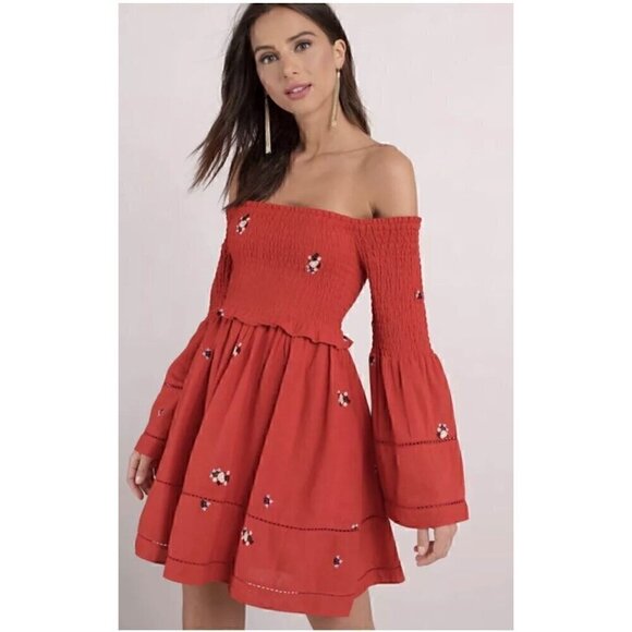 FREE PEOPLE Red Off-Shoulder Smocked Dress, Embroidered Floral, Flare Sleeve, XS - Picture 1 of 9